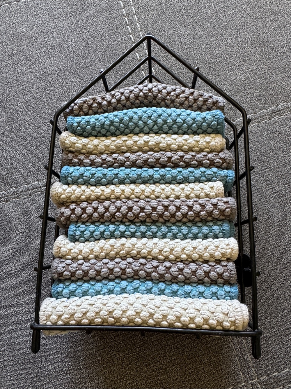 Norwex Blue, Tan, Gret Crocheted Cloths in Wire Caddy